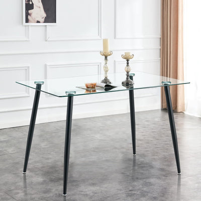 51 Inch Glass Dining Table for 4, Rectangular Glass Dining Room Table with Clear Tempered Glass Tabletop, Glass Kitchen Table with Black Metal Legs for Dining Room Living Room-0